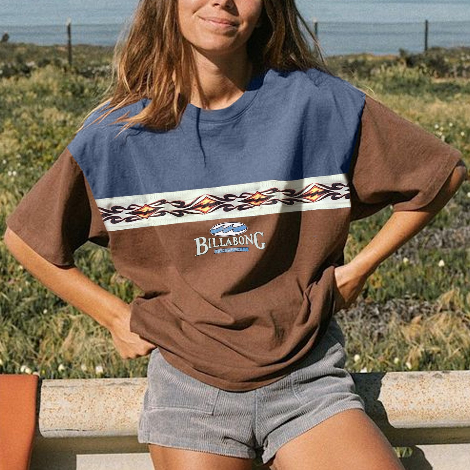 Casual Vintage Patchwork Surf T-shirt / [blueesa] /