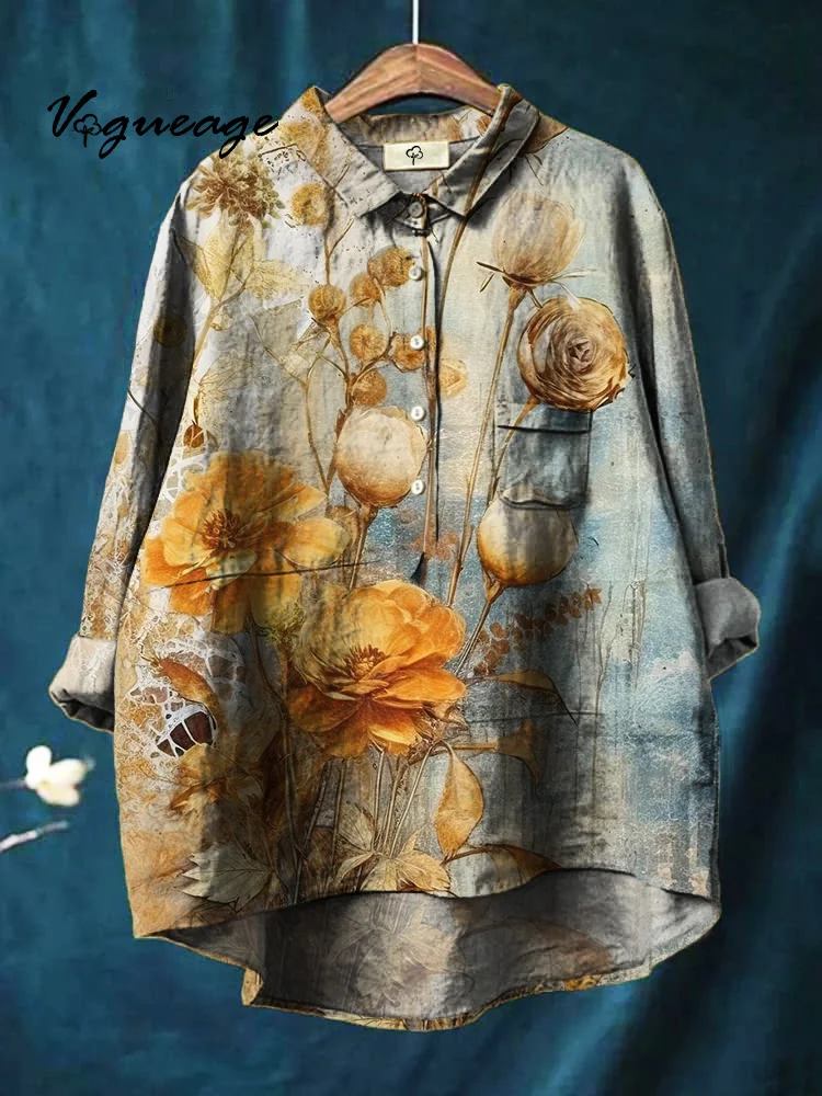 Simple Gentle Generous And Elegant Flowers Print Cotton And Linen Shirt