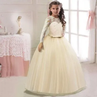 2021 Ankle Length Lace Long Sleeve Ruffle Long Dress Piano Party Performance Costume Little Girl Princess Dress