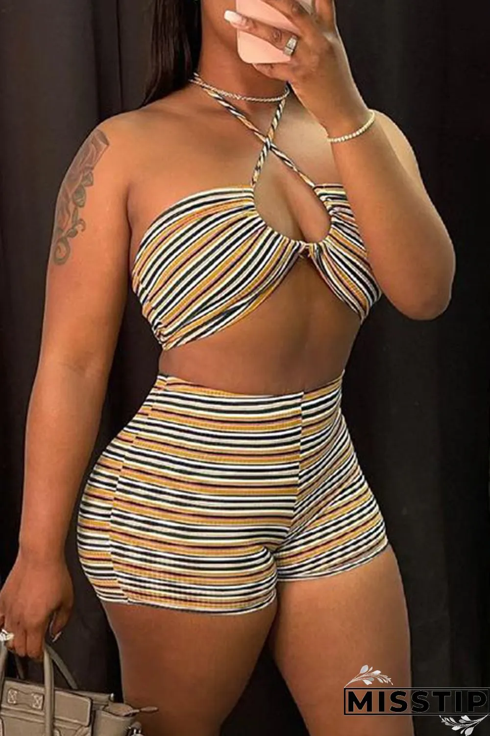 Pale Red Fashion Sexy Striped Print Hollowed Out Backless Halter Sleeveless Two Pieces