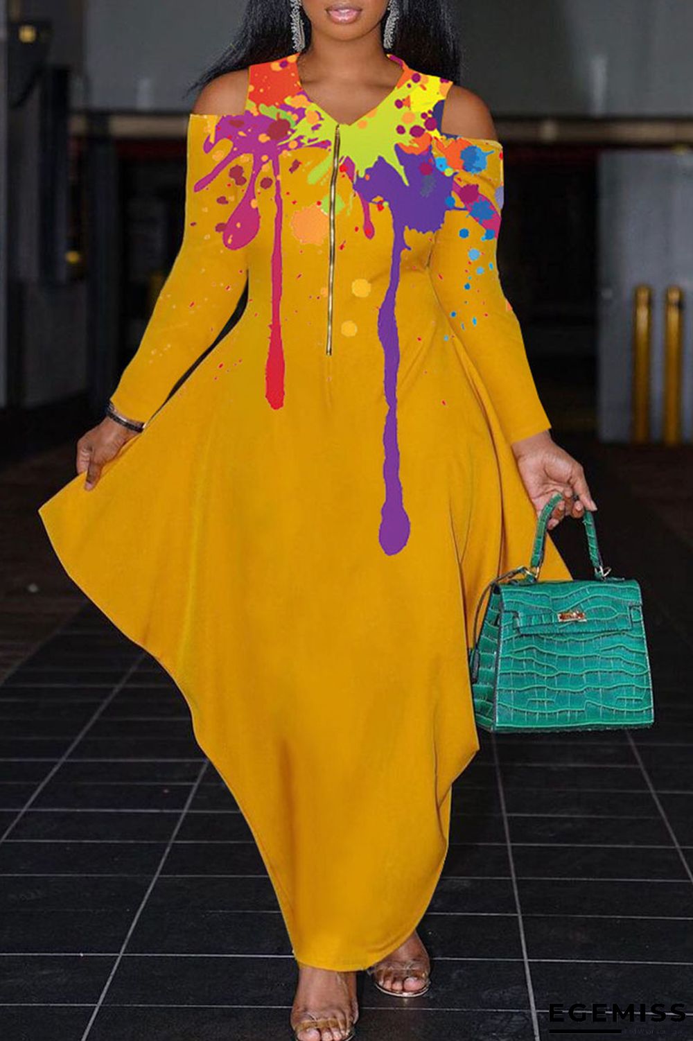 Yellow Elegant Print Hollowed Out Patchwork Asymmetrical Zipper V Neck Lantern Skirt Dresses | EGEMISS