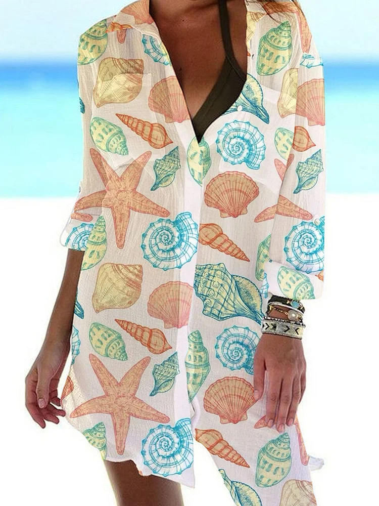 Women'S Shirt Dress Shell Pattern Casual Dress Shift Dress Mini Dress