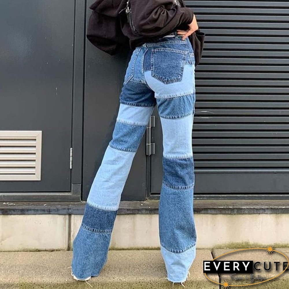 Patchwork Stitch Color Block Slim Fit Straight Leg Jeans Ripped Denim Pants