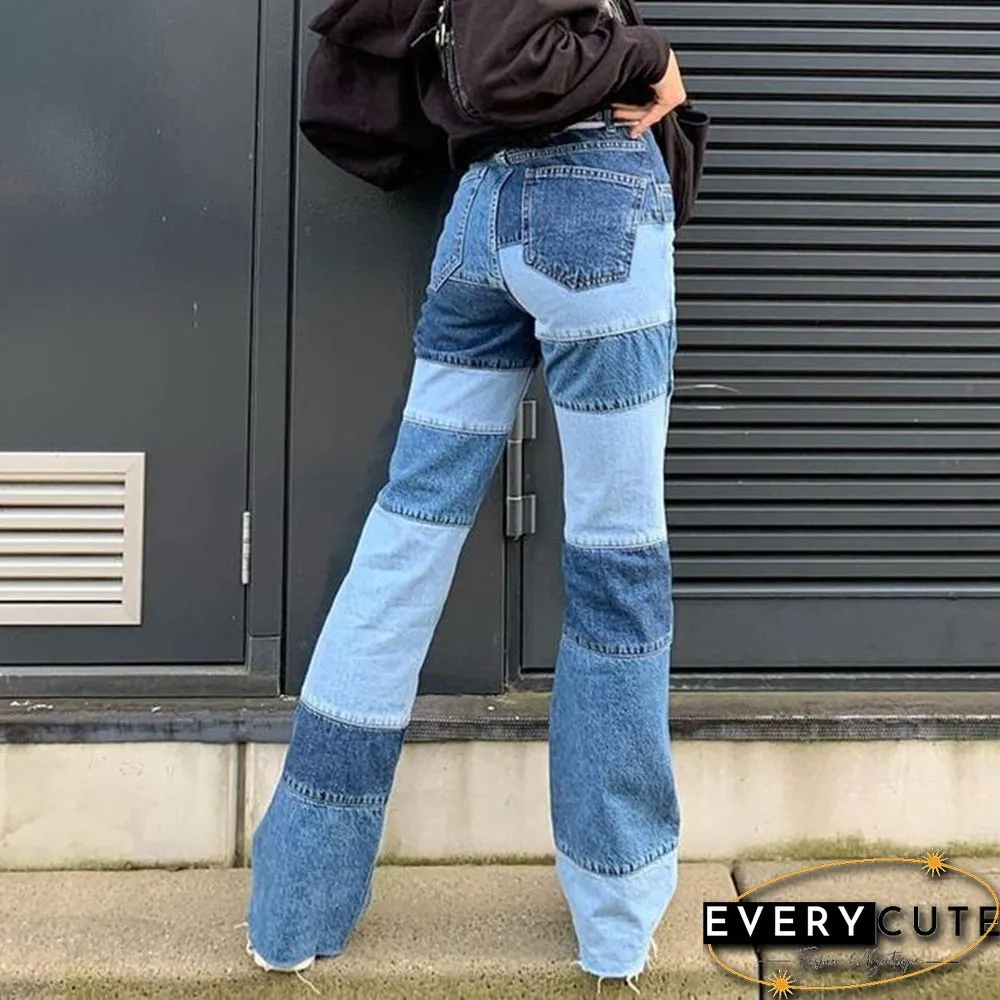 Patchwork Stitch Color Block Slim Fit Straight Leg Jeans Ripped Denim Pants
