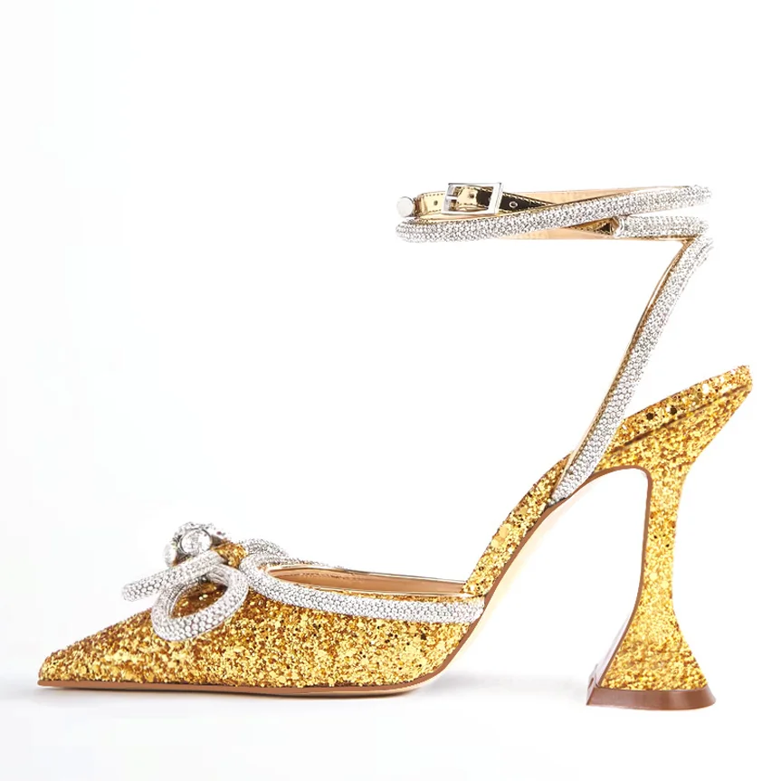 9.5cm/3.74 Double Bow crystal-embellished silk-satin point-toe pumps Pointed Toe With Glitter Strappy Sandals