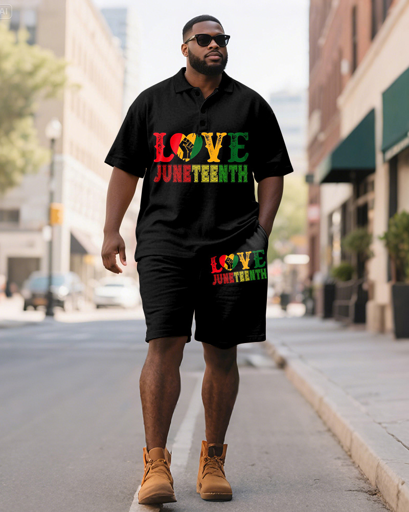 Men's Plus Size Juneteenth Colorblock Alphabet Print Short Sleeve Polo Shirt Shorts Suit