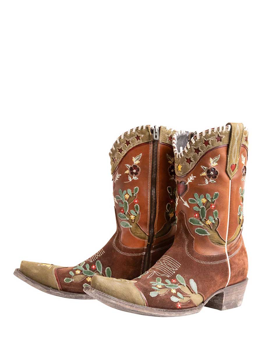 Brown Snip Toe Chunky Heel Floral Inlay Cowgirl Boots for Women