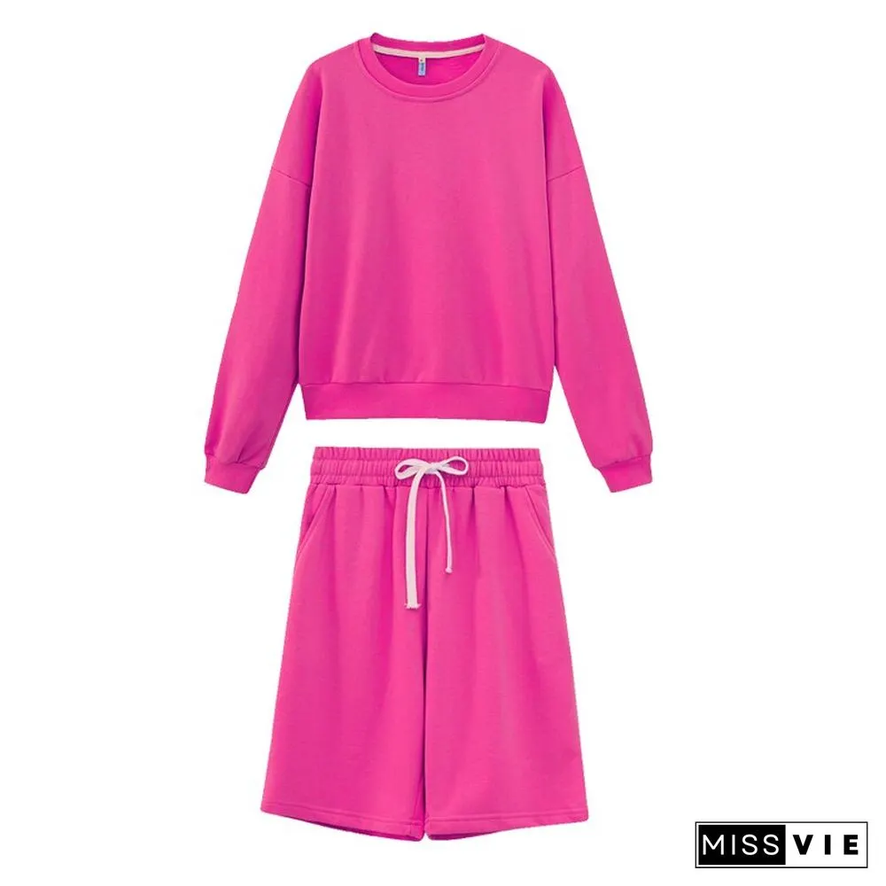 Toppies Women Two Piece Set Tracksuits O-Neck Sweatshirts Elastic High Waist Bermuda Solid