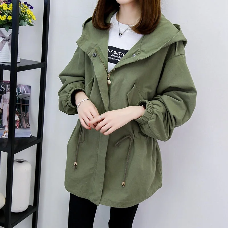 Fashion Trench Coats Female Spring Autumn Windbreaker Drawstring Coats Casual Loose Oversized Hooded Outerwear Women's Clothing