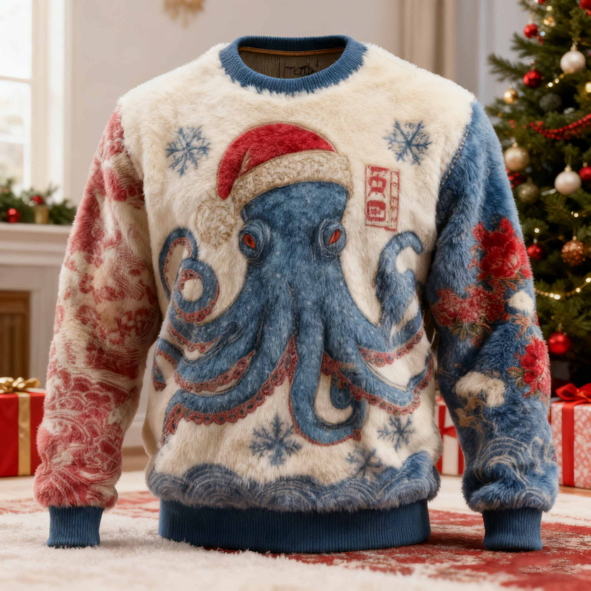 Men's Japanese Octopus Art Christmas Ugly Plush Sweatshirt elevenforest