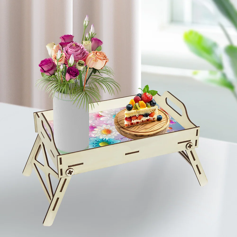 5D DIY Flower Diamond Painting Wooden Serving Tray with Handle for Home Decor