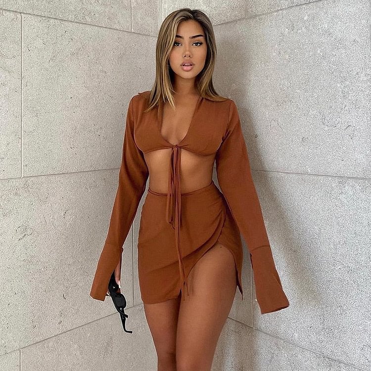 Brown Sexy Tie Front Top and Skirt Sets Women Fashion Outfits Fall Matching Set Split Skirt Club Party Clothes - BlackFridayBuys