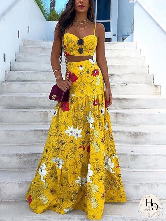 Dress Set Two Piece Dress Swing Dress Long Dress Maxi Dress Yellow Green Sleeveless Floral Backless Spring Summer Spaghetti Strap Vacation S M L XL XXL 3XL for Women