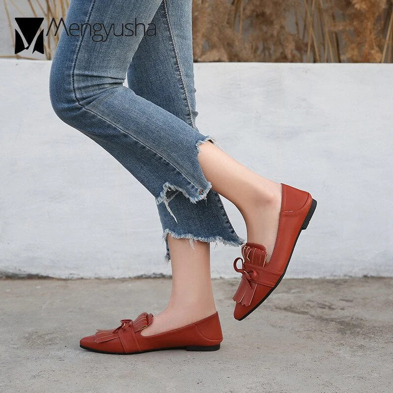 Plussize36-45 Fringe butterflyKnot pointed toe loafers women ballet flats shoes woman slip on shallow comfy tassel moccasins2020