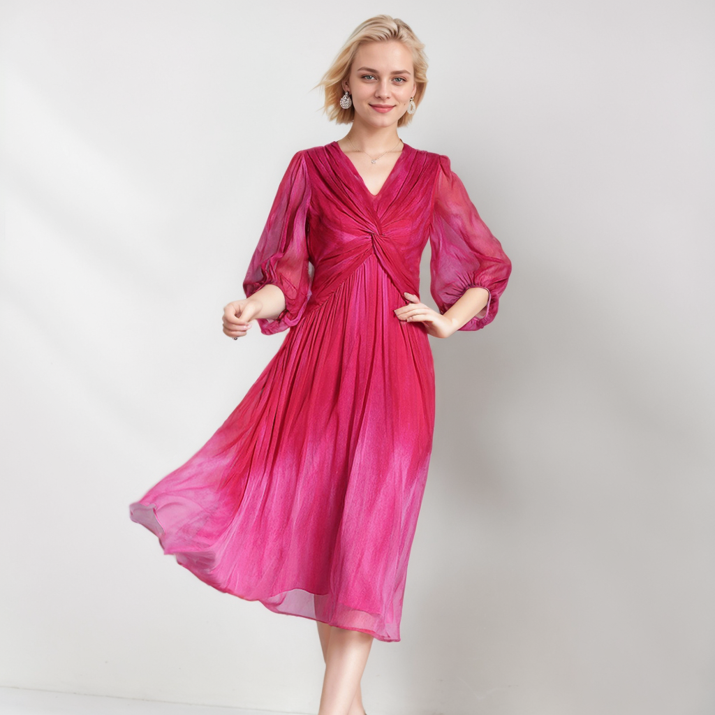 Silk V-Neck Dress Luxurious For Wedding Guest REAL SILK LIFE