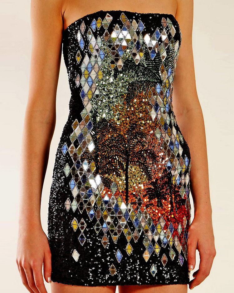 Elegant sequined plaid landscape strapless mini dress