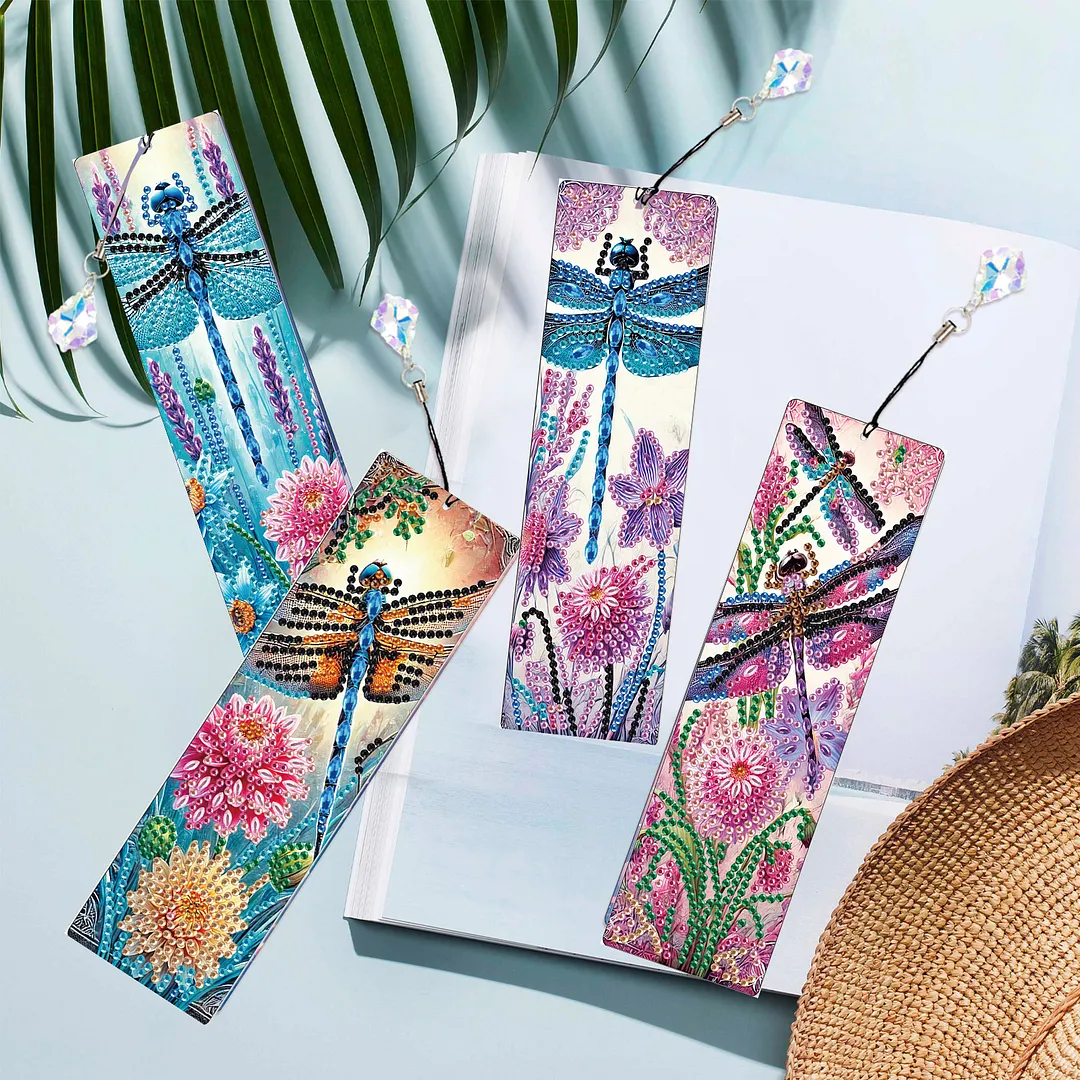 4Pcs Dragonfly Among Flowers DIY Diamond Bookmark Art Projects Irregular Shaped Diamonds Diamond Painting Art Bookmarks with Crystal Pendants for DIY Making Beginners Adult Art Craft Supplies