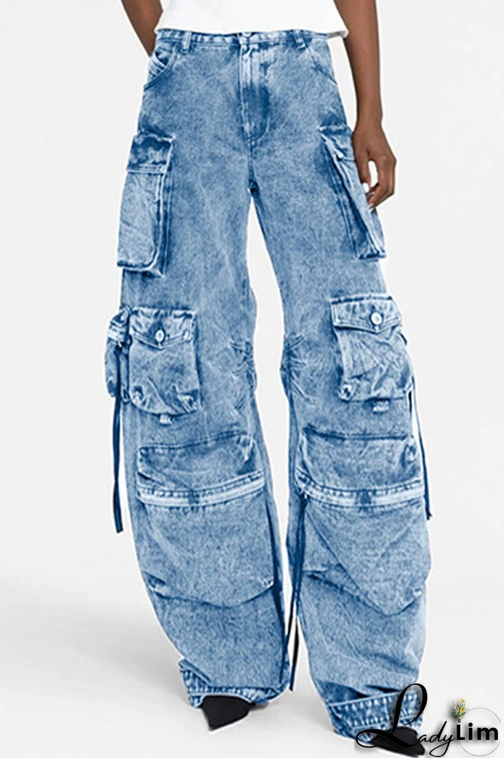 Blue Casual Solid Patchwork High Waist Regular Denim Jeans