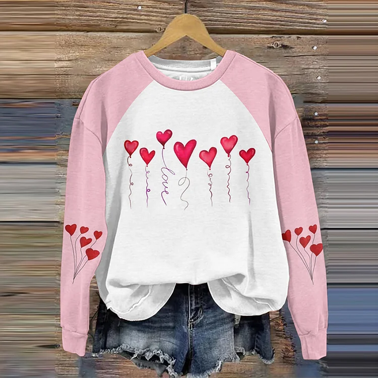 VChics Valentine's Day Love Balloon Printed Color Block Sweatshirt