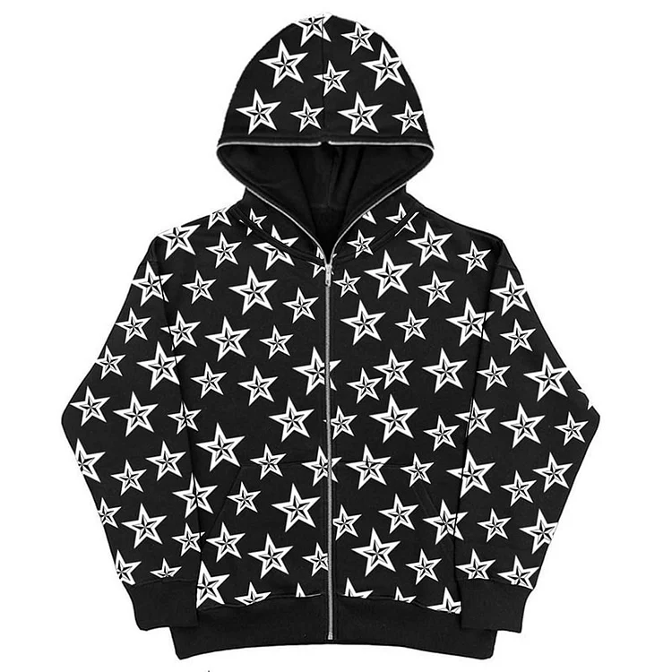 Star Graphics Print Men's Black  Full Zip Up Hoodie Coat at Hiphopee