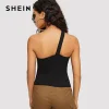 SHEIN Black Asymmetrical Neck Solid Crop Tank Top Summer Women Sexy Cold shoulder Stretchy Skinny Highstreet Sleeveless Camis 
