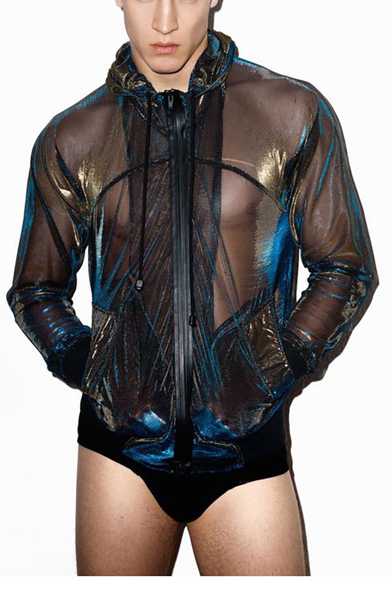 Ciciful Metallic Iridescent Gradient Hooded Zipper Festival Jacket With Pocket