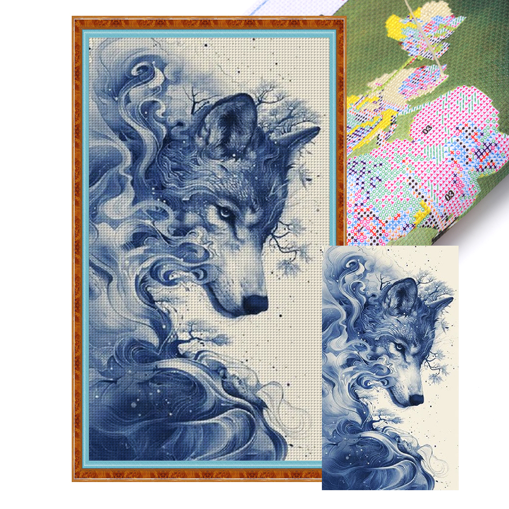Blue And White Wolf Full 11CT Pre-stamped Canvas(40*70cm) Cross Stitch