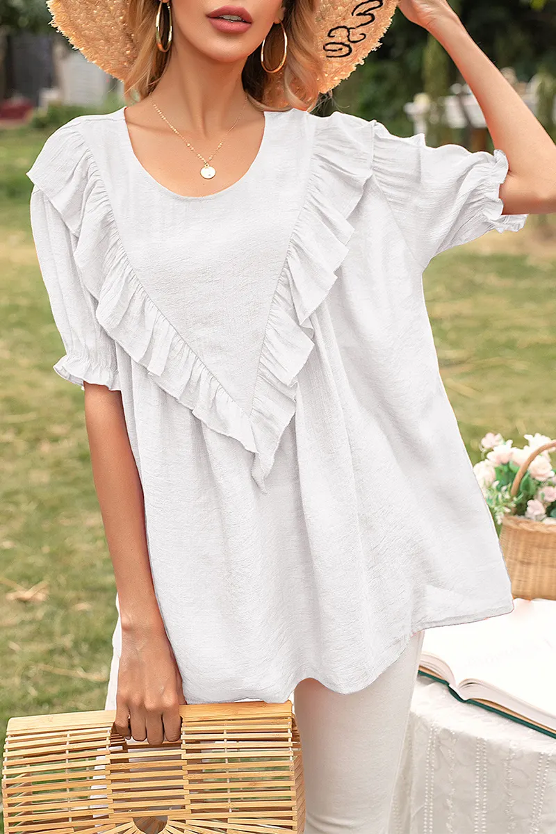 Elegant Solid Split Joint Flounce O Neck T-Shirts