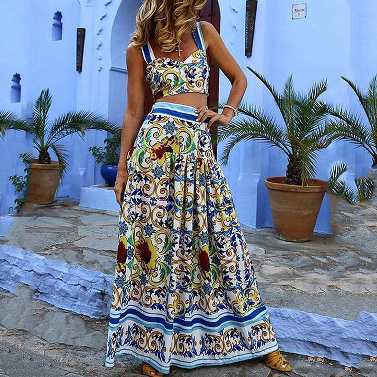 Sexy Halter Retro Printed Backless Two Piece Set