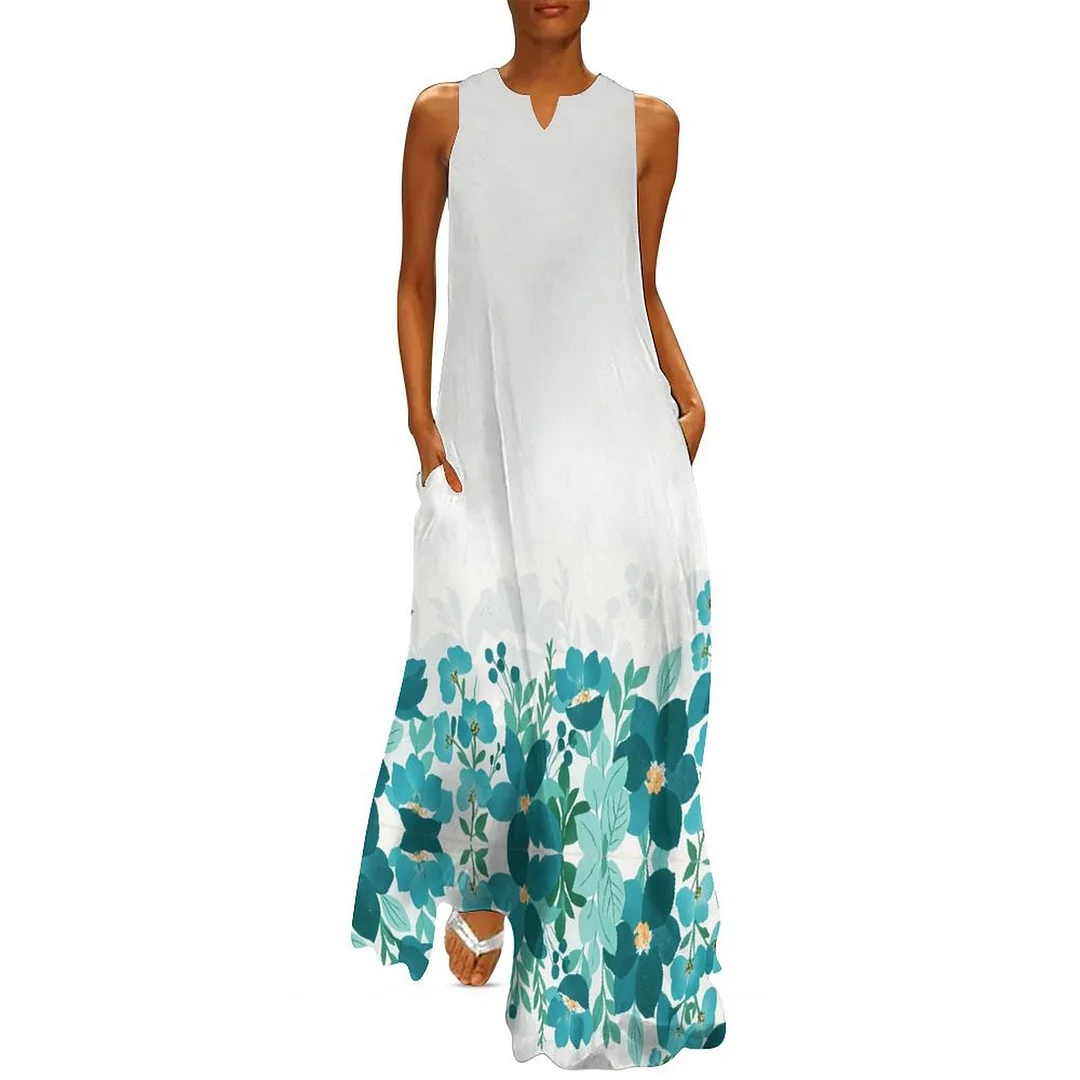 Style & Comfort for Mature Women Plus Size Printed Sleeveless Casual Women Maxi Dress with Pockets in Pattern Turquoise, Floral, Green