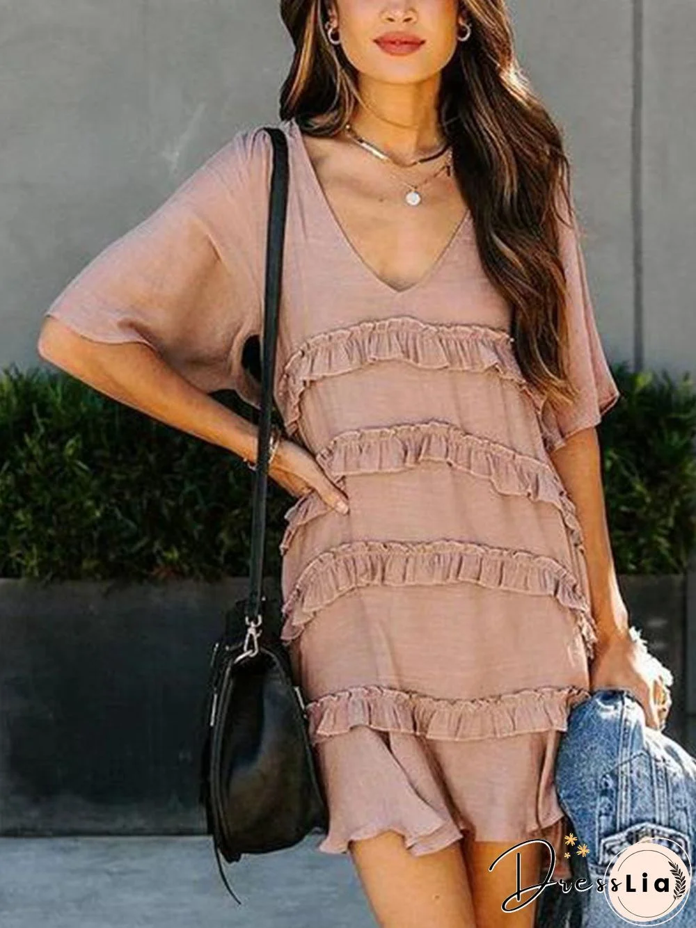 V-neck Half-sleeve Ruffle Mini Dress P16239