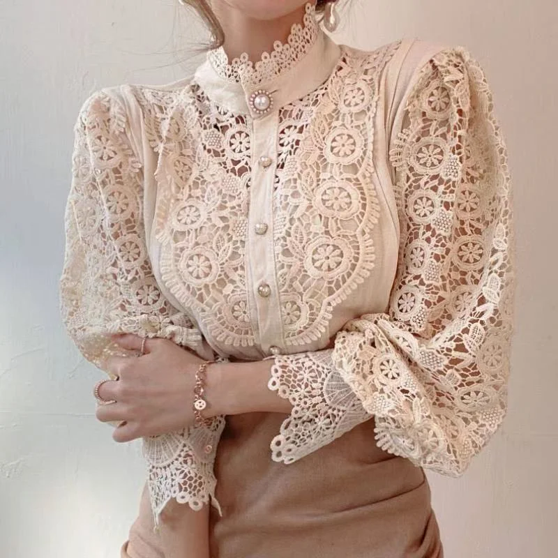 Sexy Flower Lace Blouse Women Korean Style Stand Collar Hollow Out Elegant White Shirt Spring Autumn Fashion Ladies Clothes