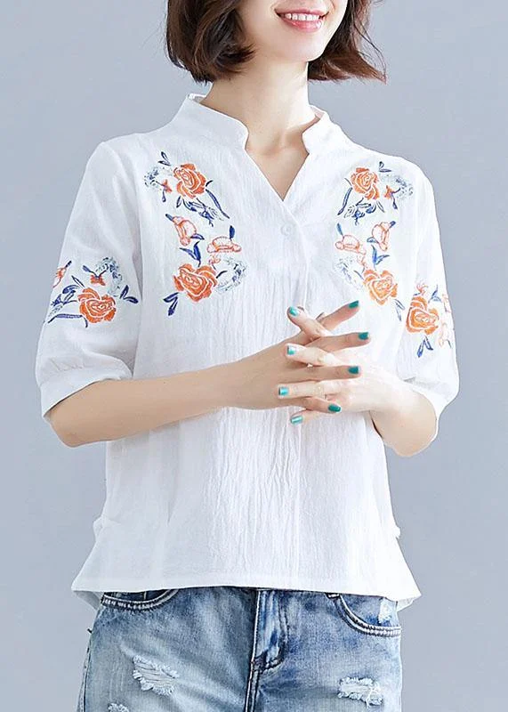 Natural white embroidery linen clothes Work Outfits v neck summer blouses