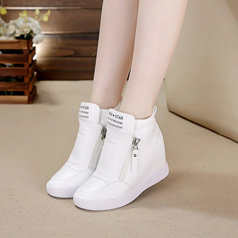 2022 New High Top Women Sneakers Autumn Winter Hidden Heel Casual Shoes Side Zip Women White Platform Wedge Rivet Shoes