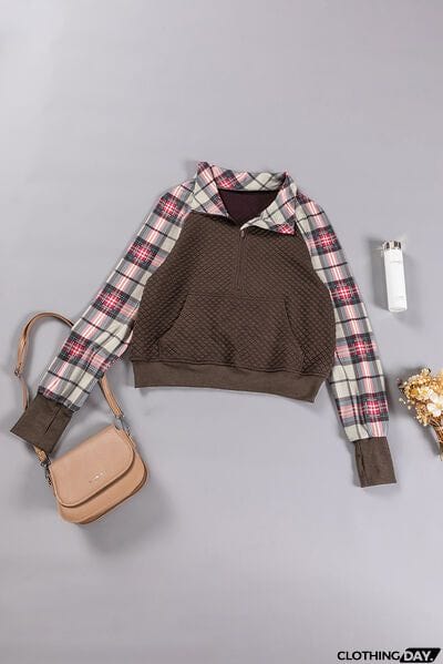 Plaid Half Zip Kangaroo Pocket Sweatshirt