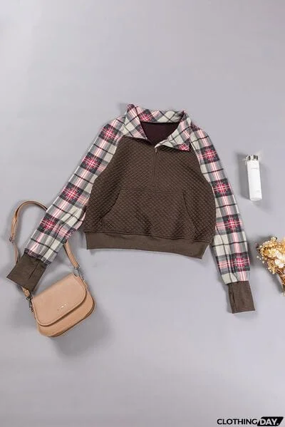 Plaid Half Zip Kangaroo Pocket Sweatshirt