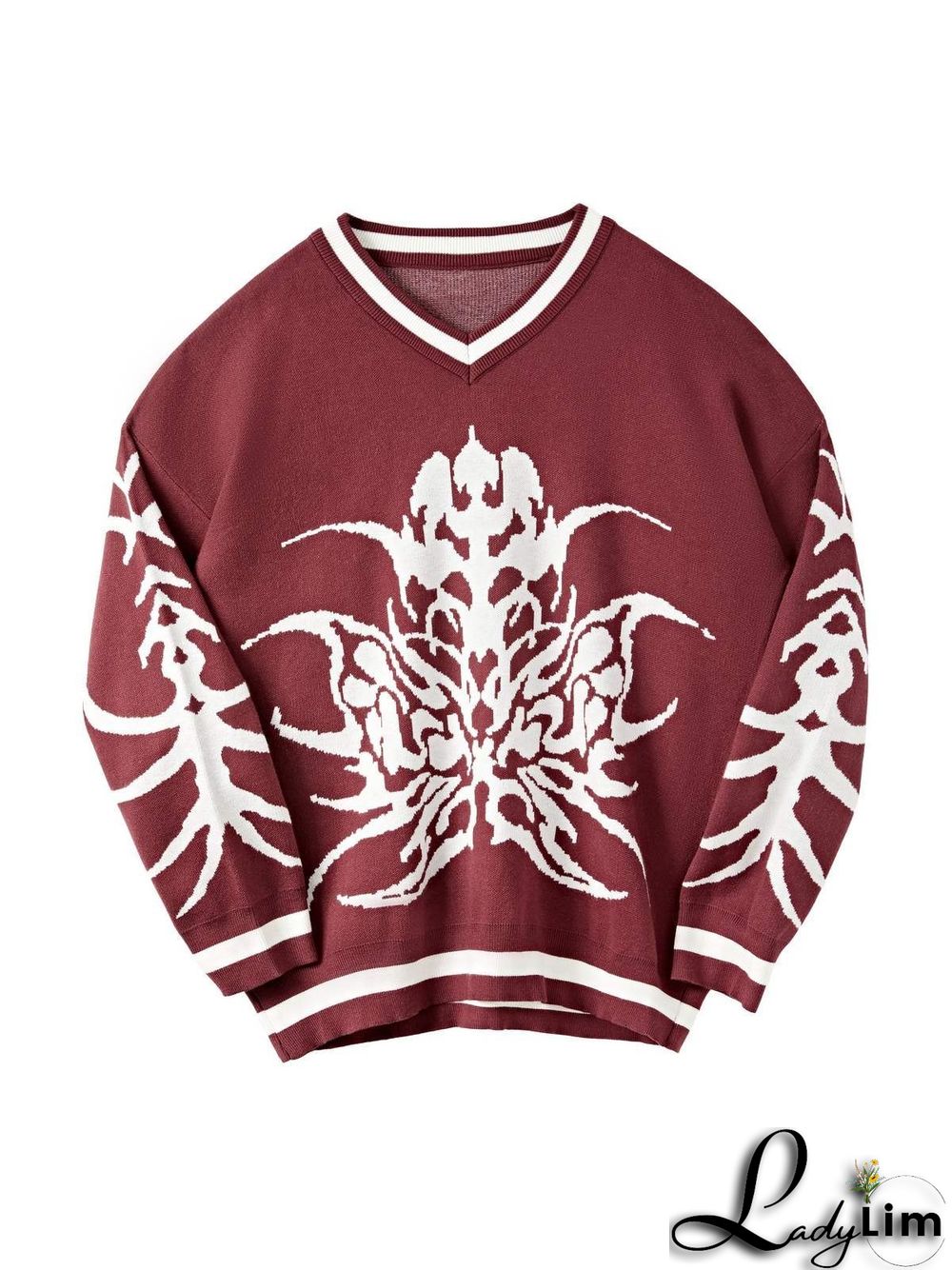 Oversized V Neck Jacquard Pullover Sweater