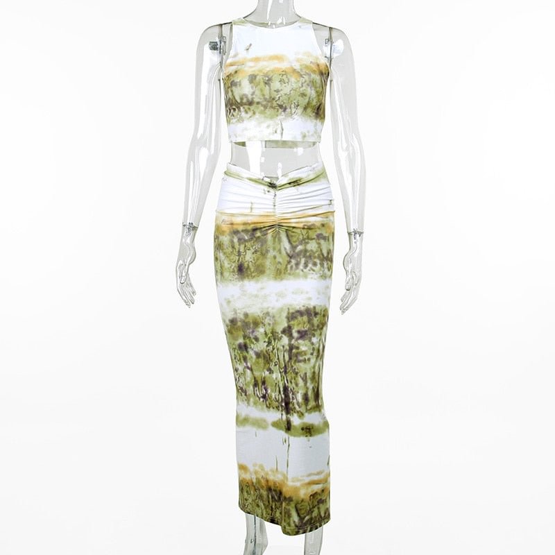 Hugcitar Print Sleeveless Crop Top High Waist Ruched Maxi Dress 2 Pcs Matching Set 2021 Fall Bodycon Party Elegant Vestidos