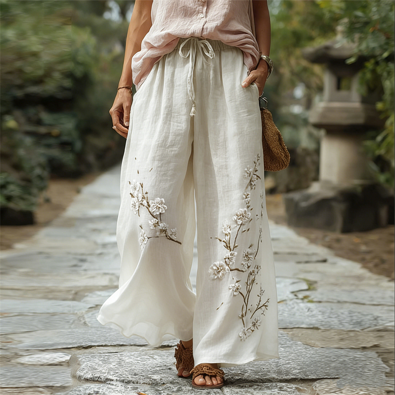 Classy Almond Blossom Japanese Art Flowy Linen Pants wearshes