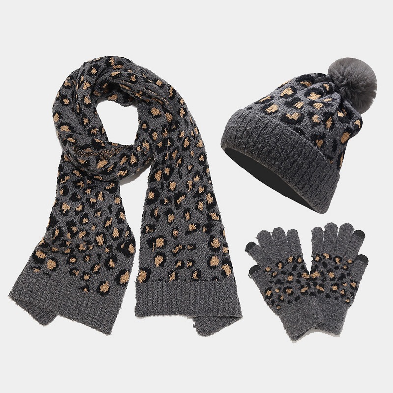 Women's Leopard Print Warm Wool Hat Scarf And Gloves Three-Piece Set