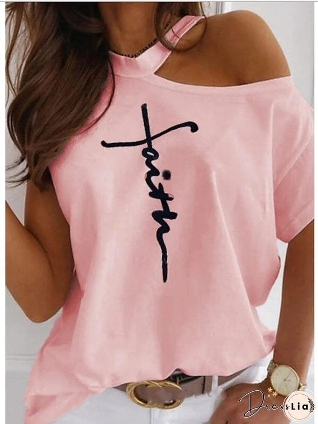 fronage short sleeve faith shirts cold shoulder tops casual summer graphic t-shirt (medium, beige) for Women
