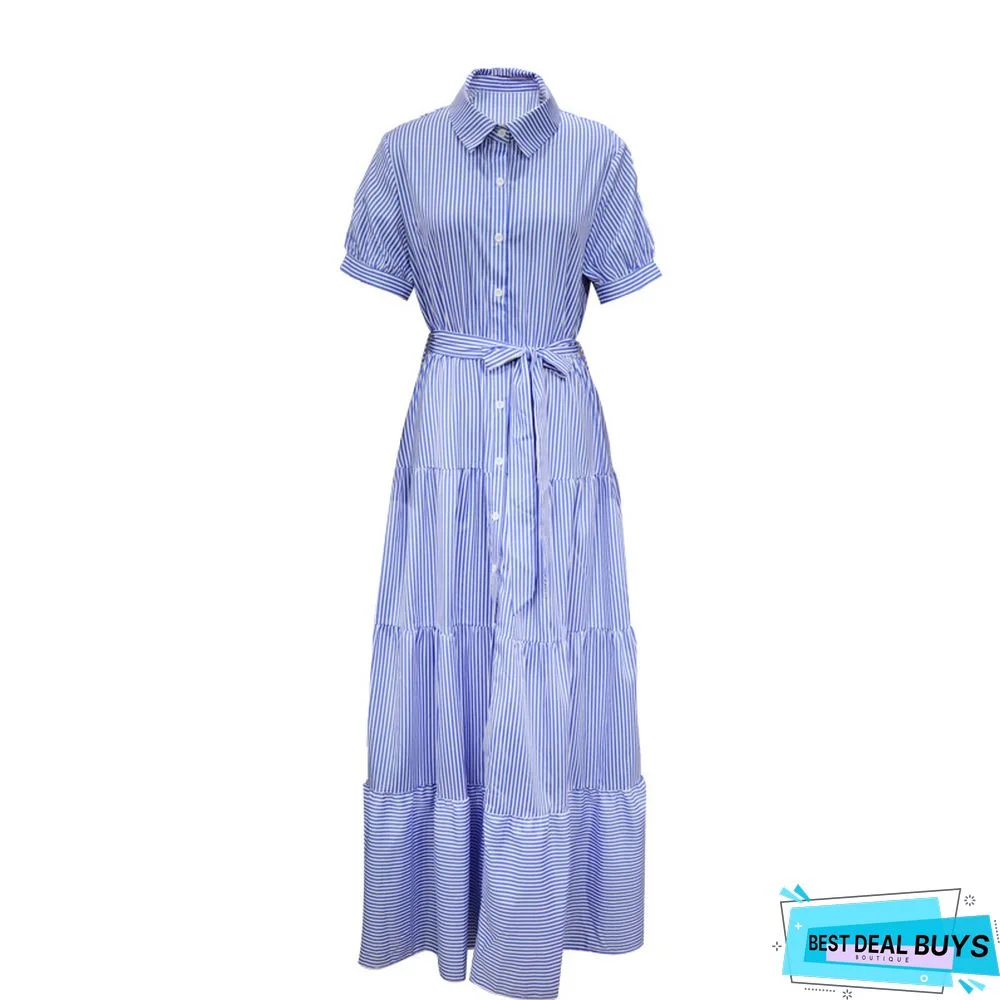 Fashion Stripe Short Sleeve Loose Medium Length Dress