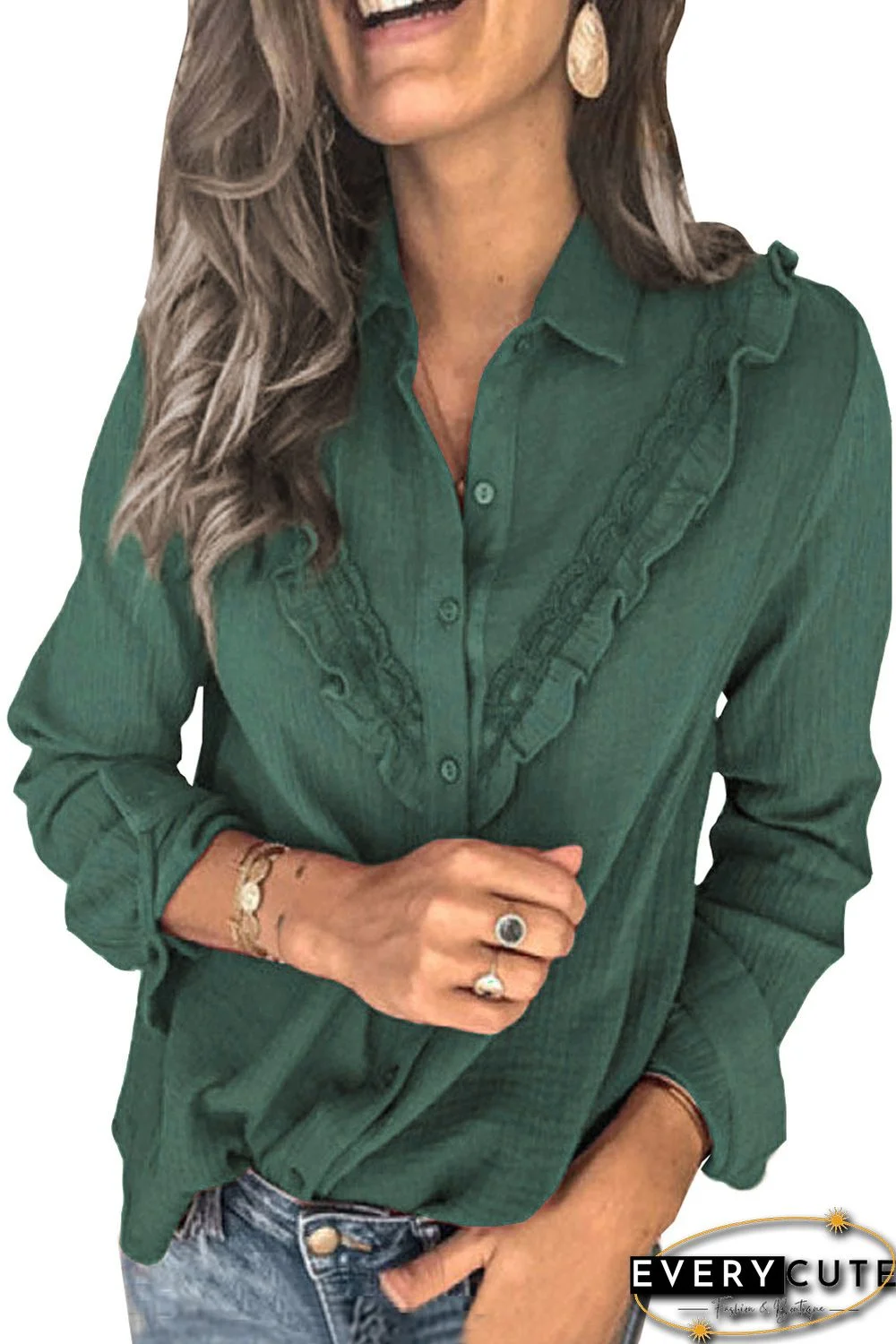 Green Ruffles Crinkled Long Sleeve Shirt