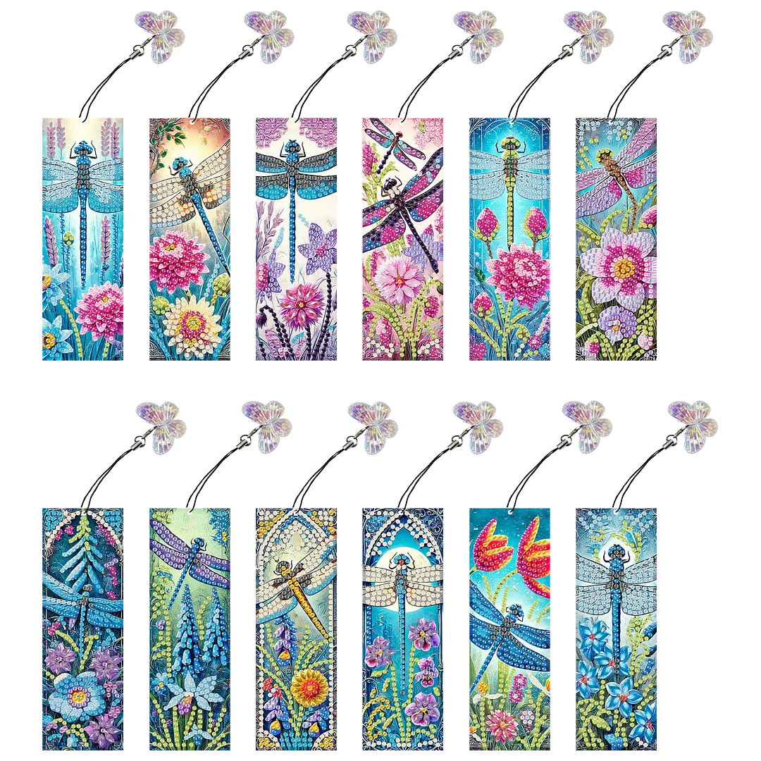 12Pcs Dragonflies Flowers DIY Diamond Art Painting Bookmark for Beginners Adult