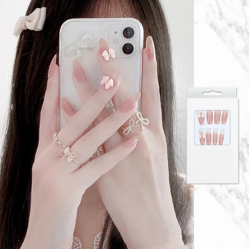 false nails with designs acrylic for nail Imitation Pearl Lace Bowknot press on nails Charming Pre Design fake nails with glue-Nail Inspo