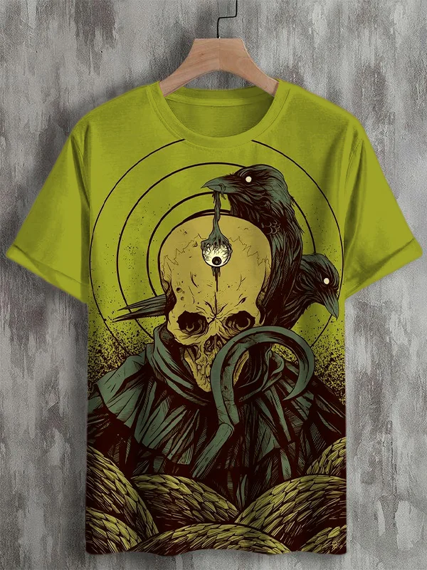 Men's Armored Grim Reaper And Eyeball-eating Crow Print Casual T-Shirt