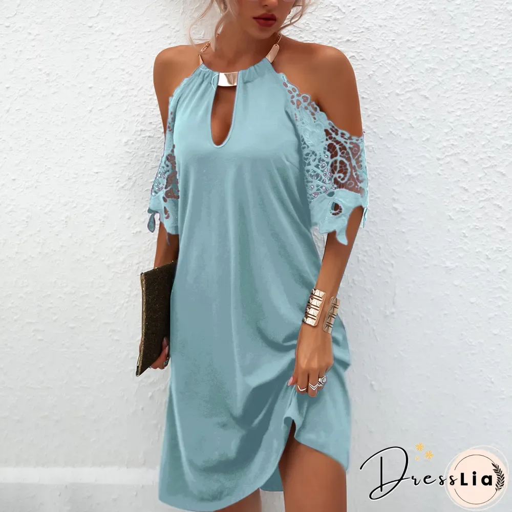 Women's Fashion Sexy Dress Evening Party Mini Dress Strapless Dresses Up Short Sleeve Lace Dew Shoulder Halter Neck Solid Color