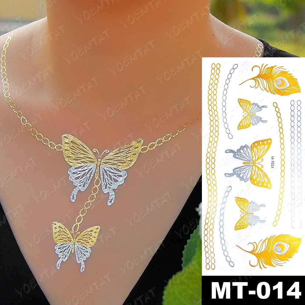 Waterproof Temporary Tattoo Sticker Gold Silver Henna Indian Hand Painted Glitter Tattoos Women Mandala Flower Feather Body Art