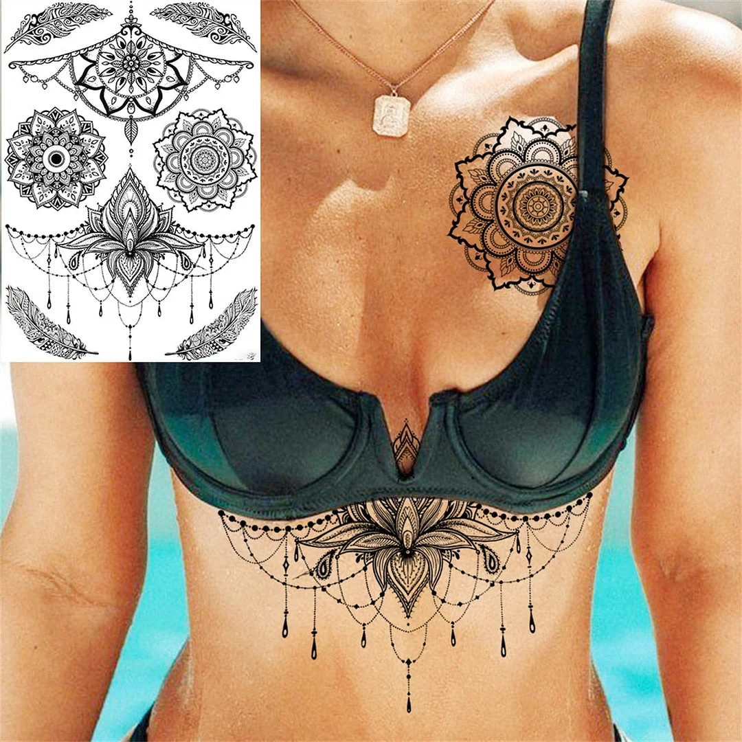 Lace Butterfly Temporary Tattoos For Women Girls Kids Tribal Black Henna Tattoo Sticker Mandala Flower Fake Jewelry Tatoos Adult