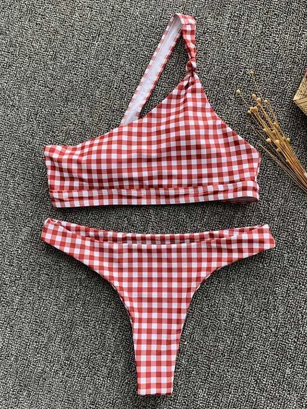 Asymmetric Checkered Split Bikini Swimsuit